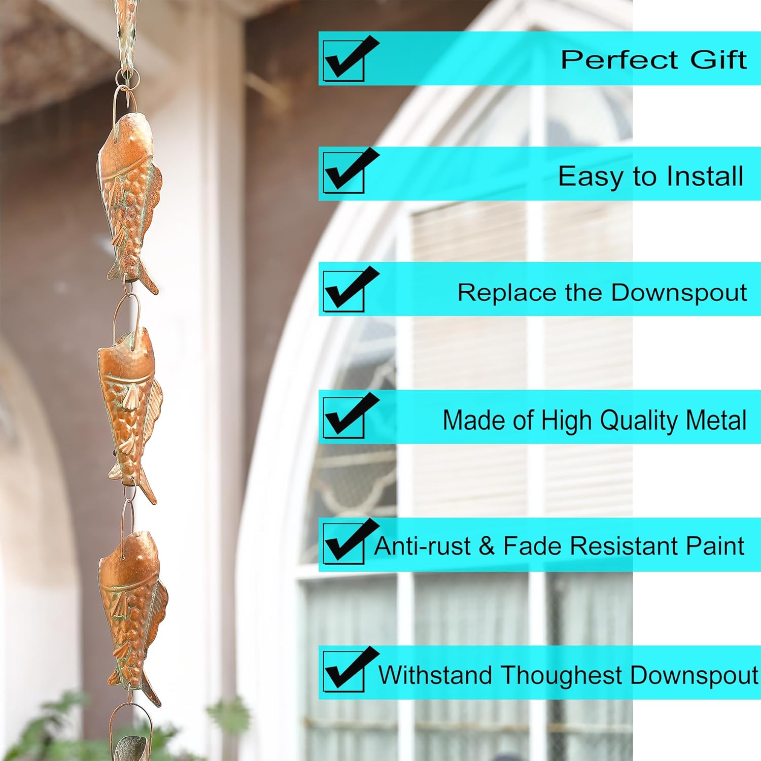 Copper Patina Rain Chain with Rainbow Trout for Heavy Rain, Functional and Decorative Replacement Downspout Chain for