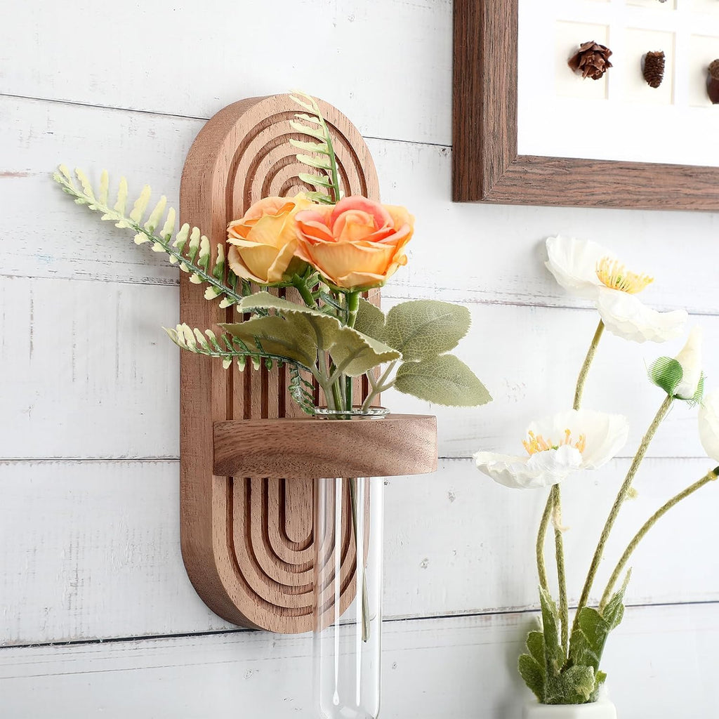Beeveer 4 Sets Hanging Plant Propagation Stations Walnut Wood Wall Mounted Test Tube Vase Rustic Decorative Glass