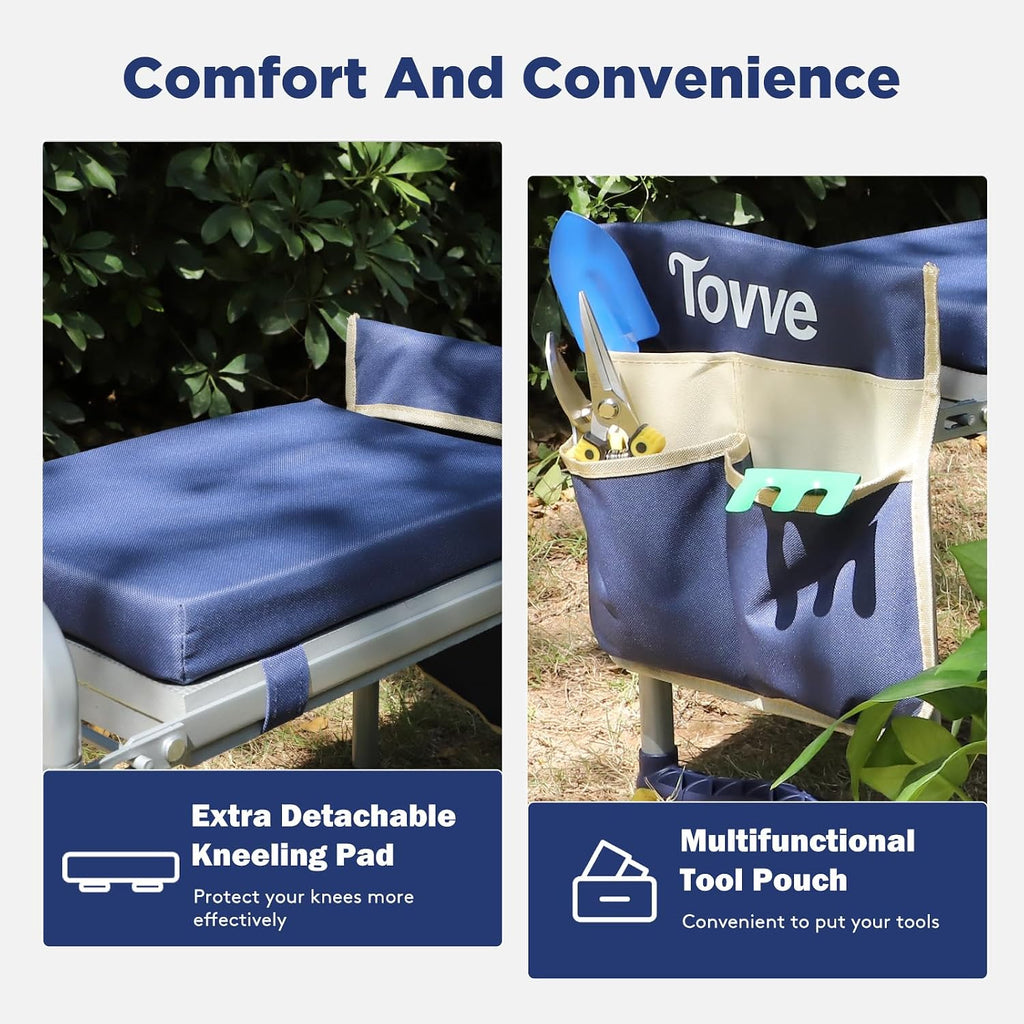Tovve Foldable Garden Kneeler and Seat, Heavy Duty Garden Stool with 10" Wide Detachable Kneeling Pad, Portable Garden