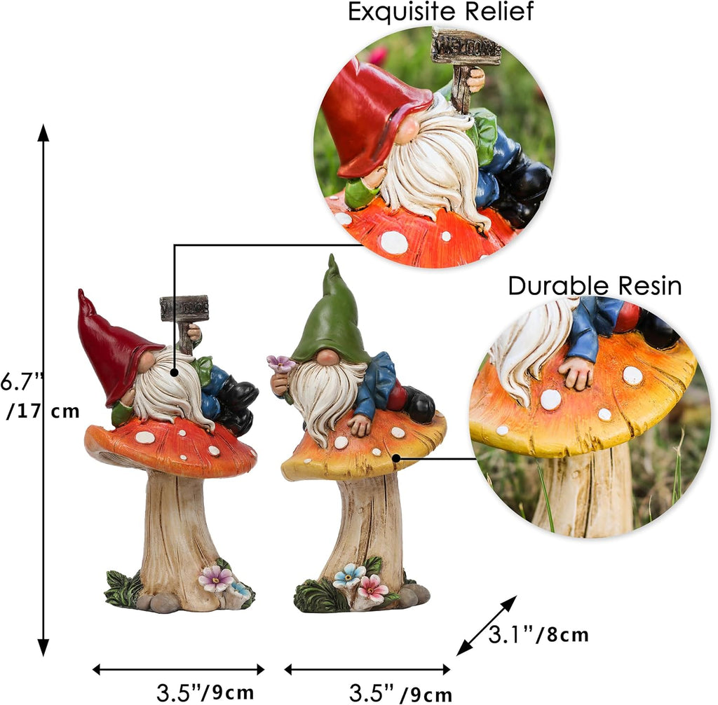 TERESA'S COLLECTIONS Resin Statues for Yard, Set of 2 Cute Garden Gnomes on Mushroom Statues for Outdoor Patio Porch