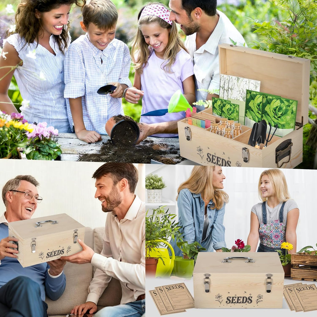 13.1”×7.7”×6” Wood Seed Storage Box 60pcs Seed Envelopes Fluorescent Index Tabs Seed Saving Organizer Box with
