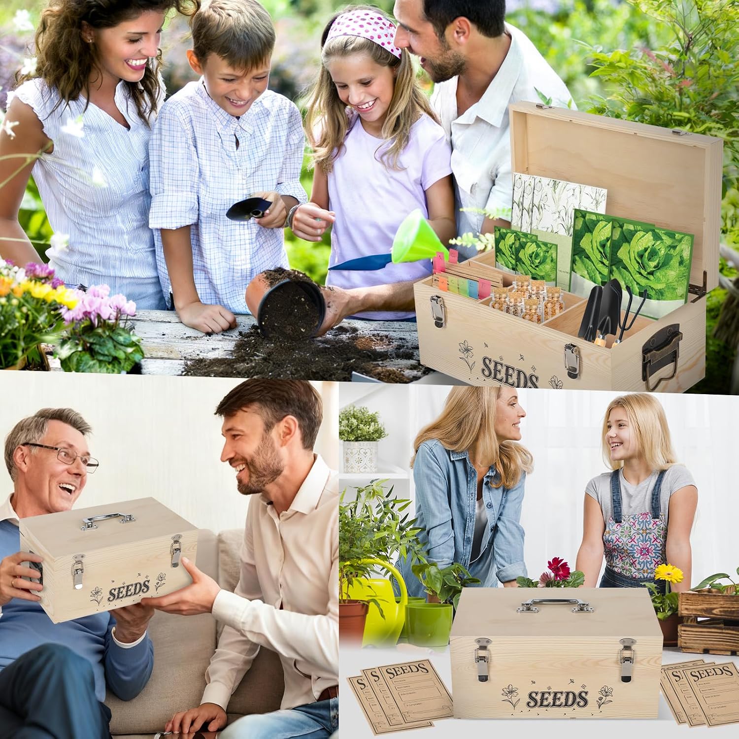 13.1”×7.7”×6” Wood Seed Storage Box 60pcs Seed Envelopes Fluorescent Index Tabs Seed Saving Organizer Box with