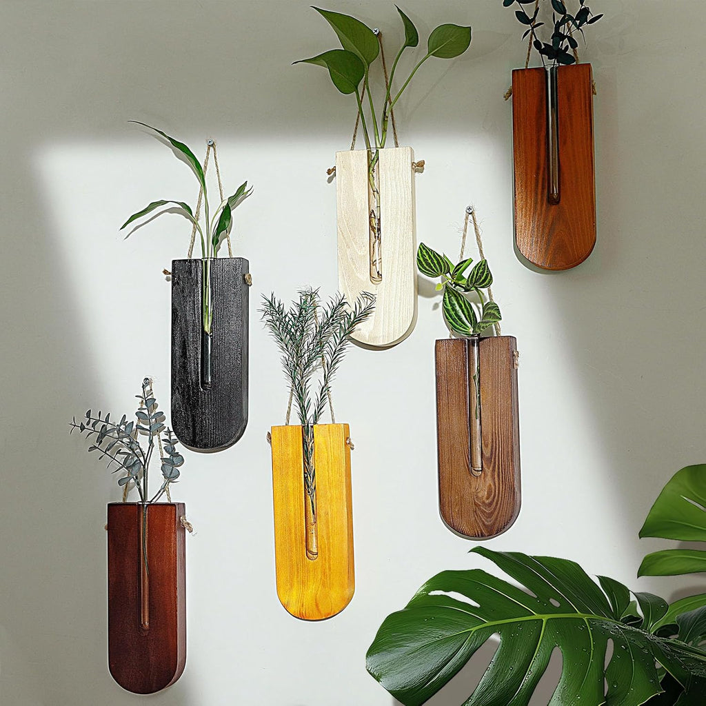 6 Pack Wooden Wall Planters for Indoor Plants Hanging Propagation Station | Wood Pocket Vases Wall Decor for Living