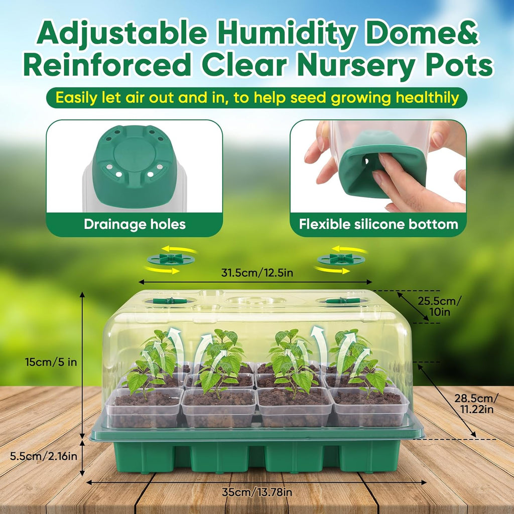 Seed Starter Tray with Grow Light, 24 Pack Large Clear Nursery Pots | 2.9" Deep Seedling Trays, Reusable Plant Starter