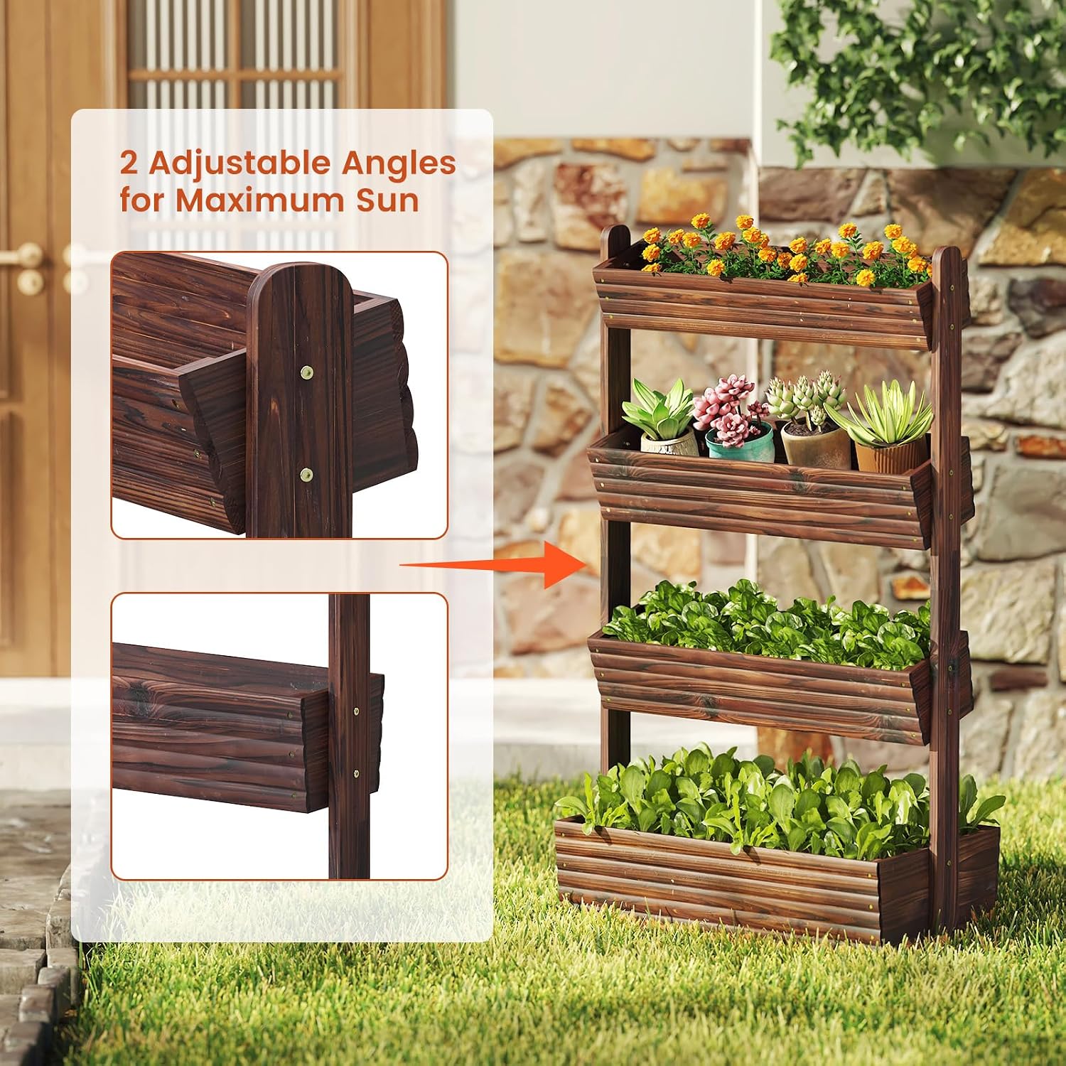 GHWIE Wooden Garden Planter Box, Raised Bed with Vertical Plant Rack, Indoor Outdoor Flower Herb Vegetable Stand