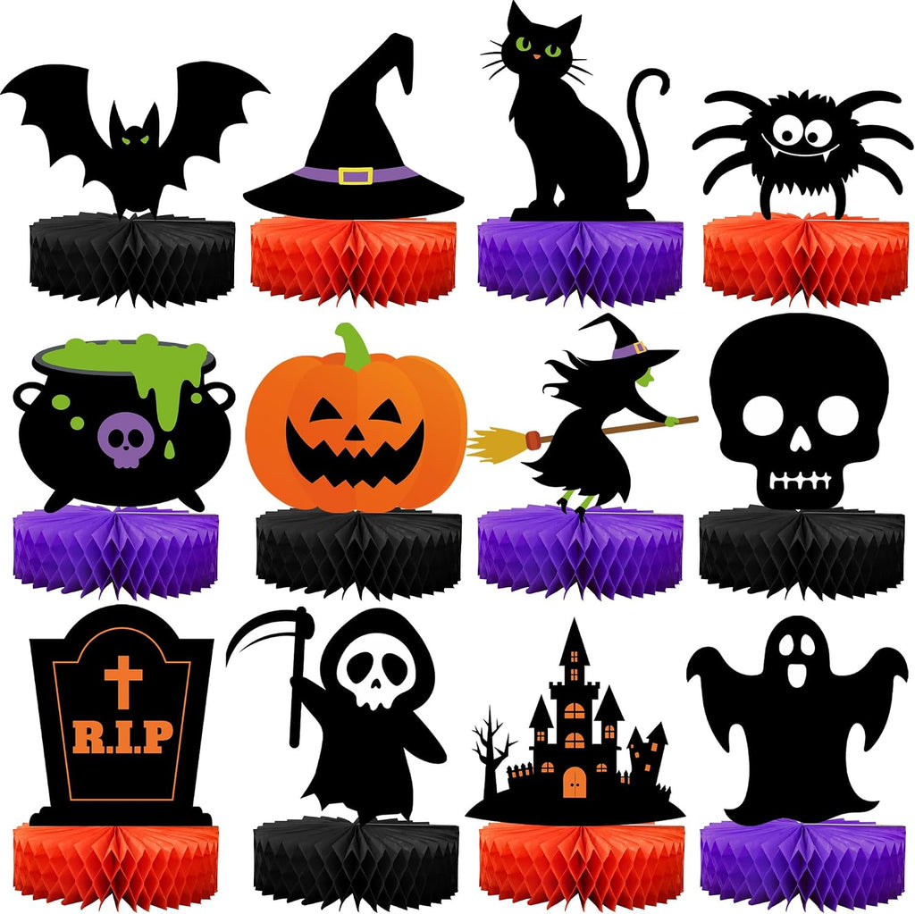 12 Pcs Halloween Honeycomb Centerpieces Halloween Party Table Decorations Black Cat Ghost Bat Pumpkin Witch Table Centerpiece Orange Black Spooky Theme Tables Topper for Halloweens Theme Party Decor