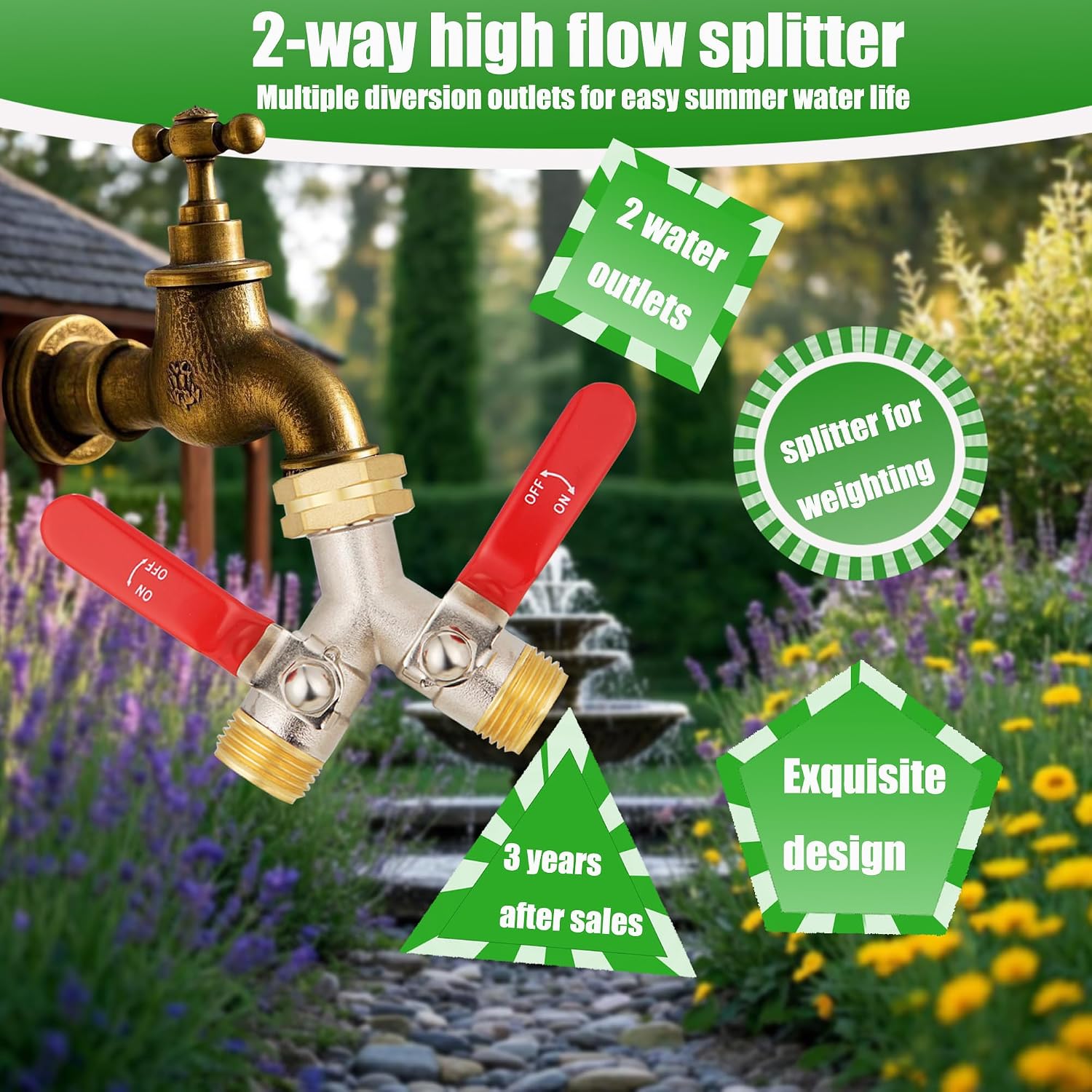 EJW Brass Hose Splitter, High Flow Splitters, Garden Hose Splitter, 2 Way Water Splitter, Faucet Splitter, Heavy Duty
