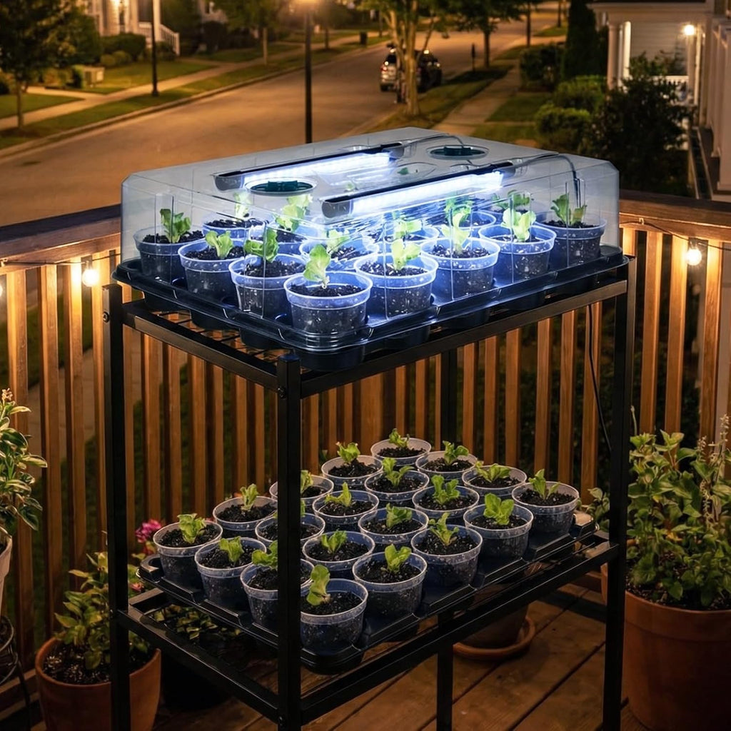 2 Pack Seed Starter Trays with Grow Lights and 40 3 Inch Pots | Includes 2 humidity domes and 40 clear 3-inch drainage