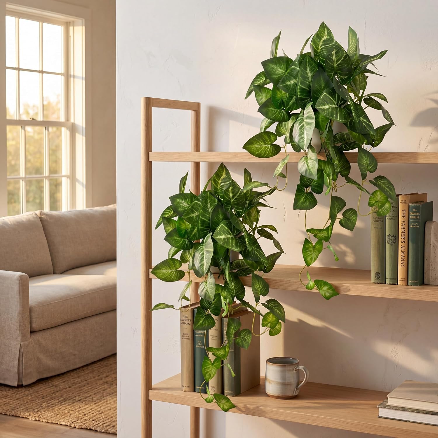 Artificial Pothos Hanging Plant, 25" Set of 2 Faux Ivy Vines with Pots | Fake Silk Realistic Hanging Greenery Plants