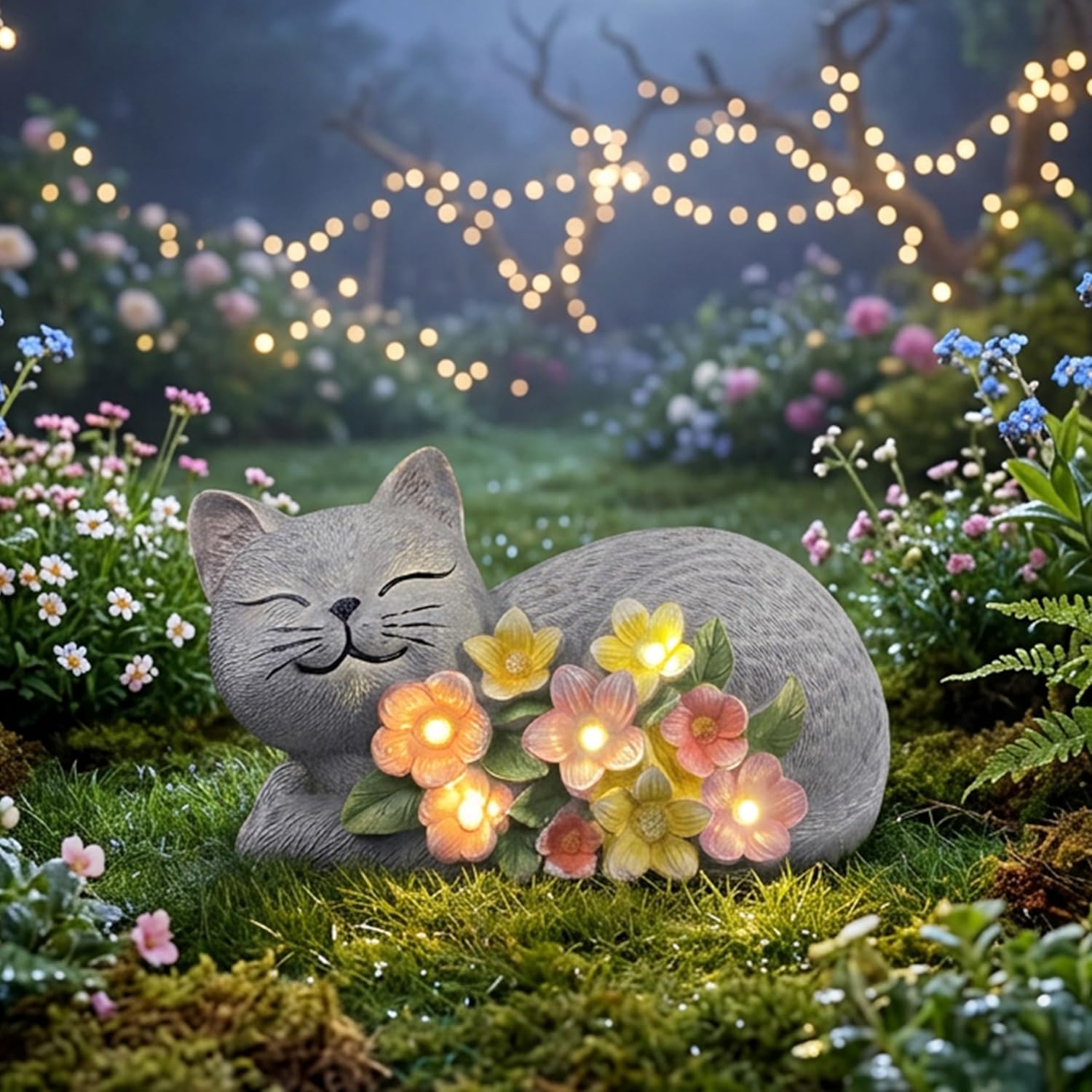 Solar Cat Garden Statue, Resin Solar Cat Lights for Outside | Outdoor Cat Statues with Flower for Lawn Porch Yard Art