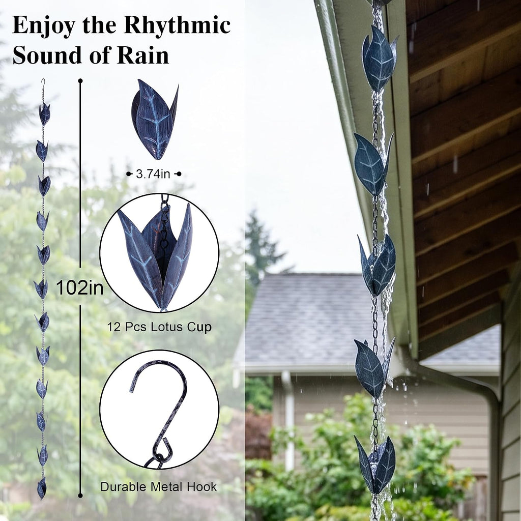 Topadorn Rain Chain for Gutters, 8.5FT Leaf Rain Chain, Blue Patina | 8.5FT Rain Chain • Leaf Cup Design • Blue Patina