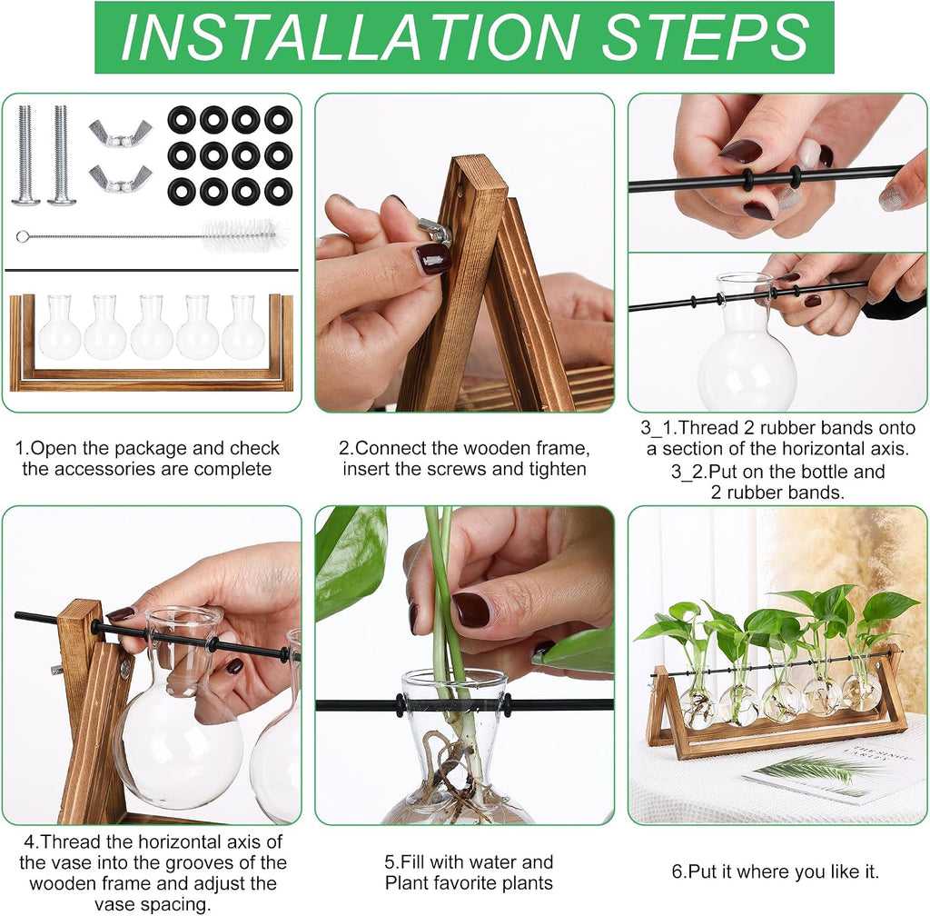 YIBOT Plant Propagation Stations with Wooden Stand & 5 Glass Bulb Vases | Tabletop Plant Terrarium for Propagating