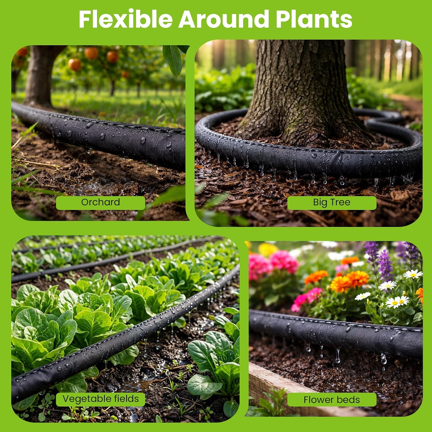 Bluepro Flat Soaker Hose, 100 ft Drip Irrigation Hose with Brass Splitter | 10 Metal Stakes, Save 80% Water, 1 mm