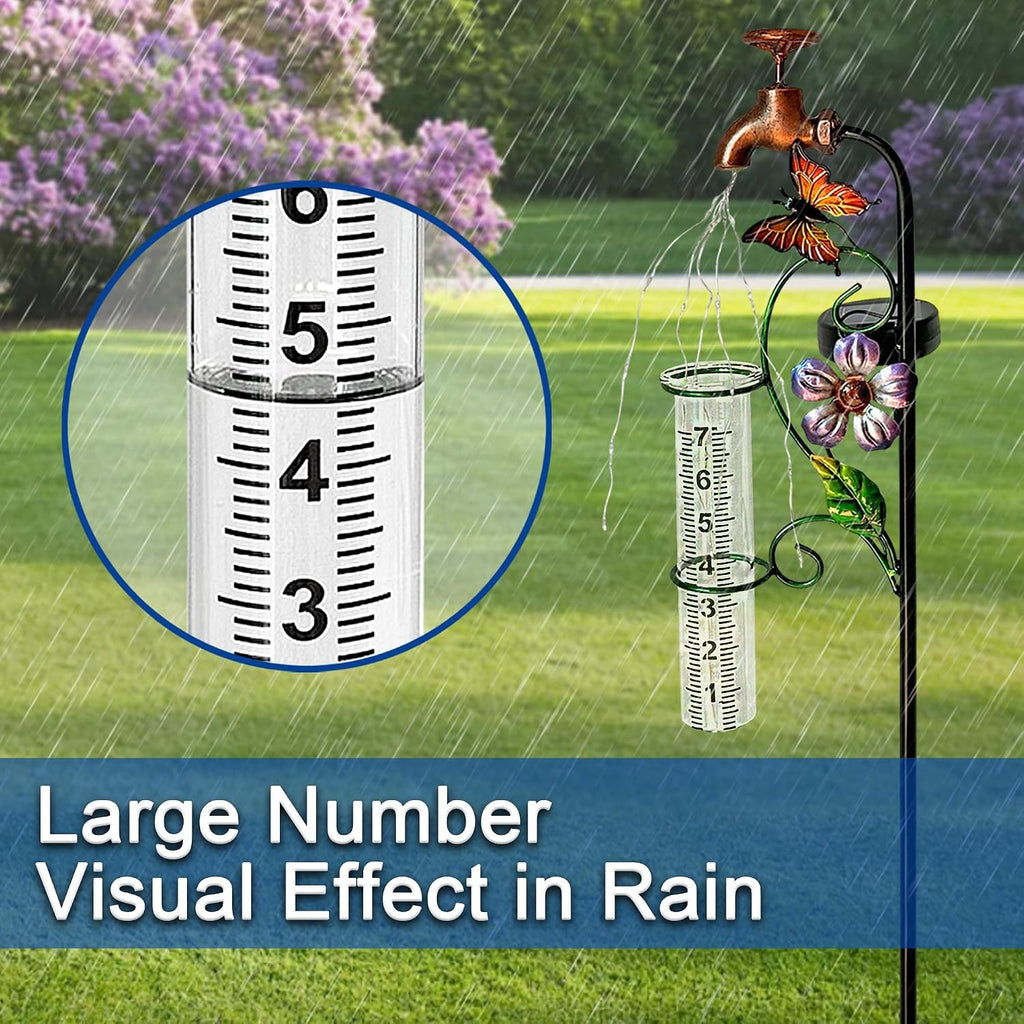 Decorative Rain Gauge Garden Stake with Butterfly and Flower Design, Copper Faucet Style, Metal Garden Decor