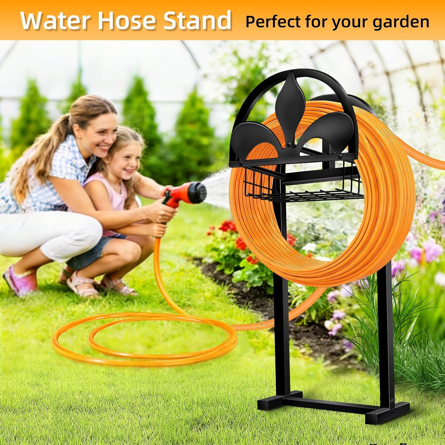 Garden Hose Holder, Water Hose Holders Stand Holds 160-Feet Freestanding Hose Reel Storage Hanger Rack for Outside Yard