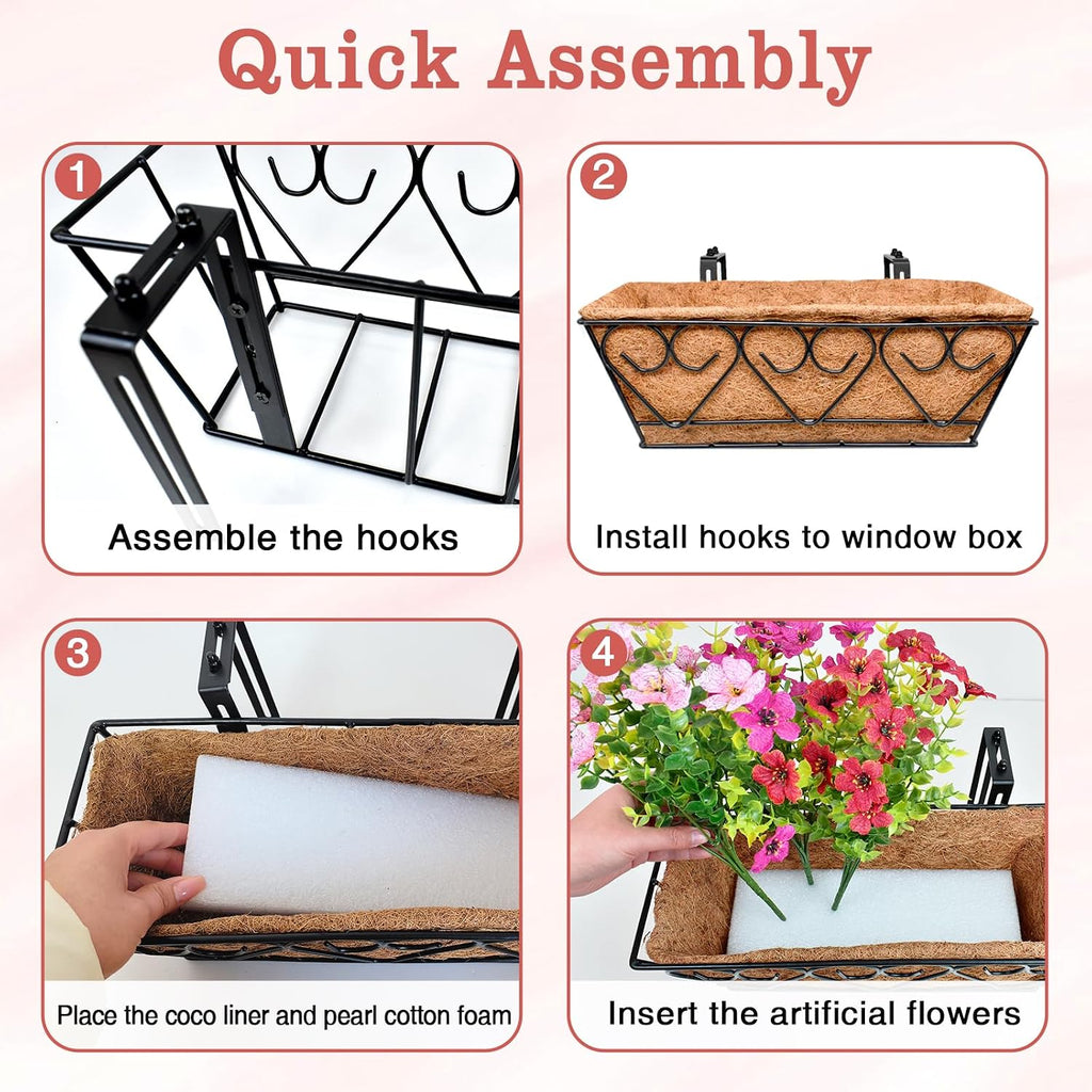 Halatool Railing Planter Box with Artificial Flowers, All Season Home Decor | 16 Inch Metal Window Box with Coco