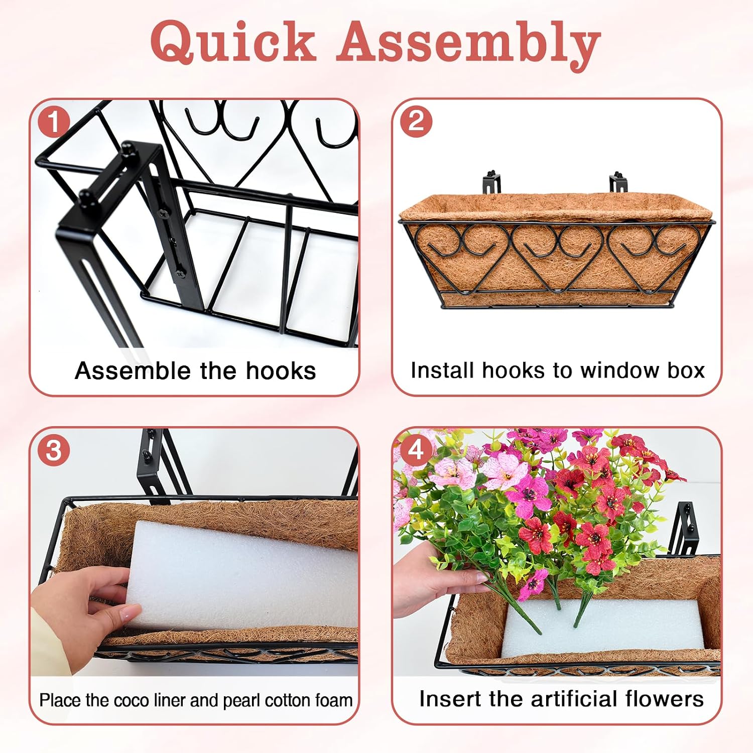 Halatool Railing Planter Box with Artificial Flowers, All Season Home Decor | 16 Inch Metal Window Box with Coco