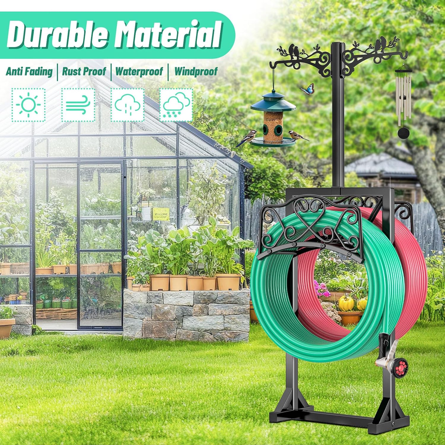 Garden Hose Holder for Outside,Water Hose Holders with 2 Bird Statue Shepherds Hooks & 5 Spikes,Double-Sided