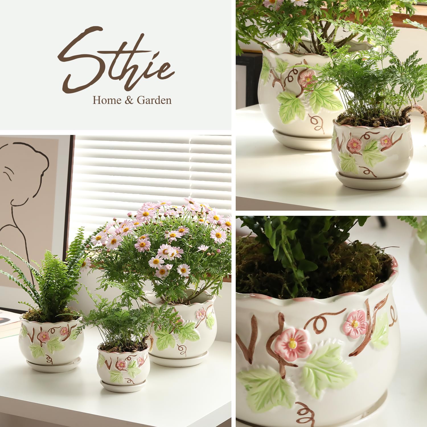 Ceramic Plant Pots with Drainage Holes and Saucers, Small Planters Set of 3 | Round Hand-painted Green Flower Pots for