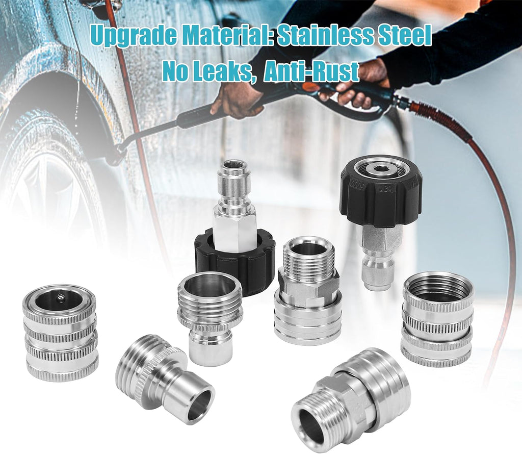 Tool Daily Pressure Washer Adapter Set, Stainless Steel Quick Connect Kit | M22 14mm to 3/8" Quick Disconnect Kit for