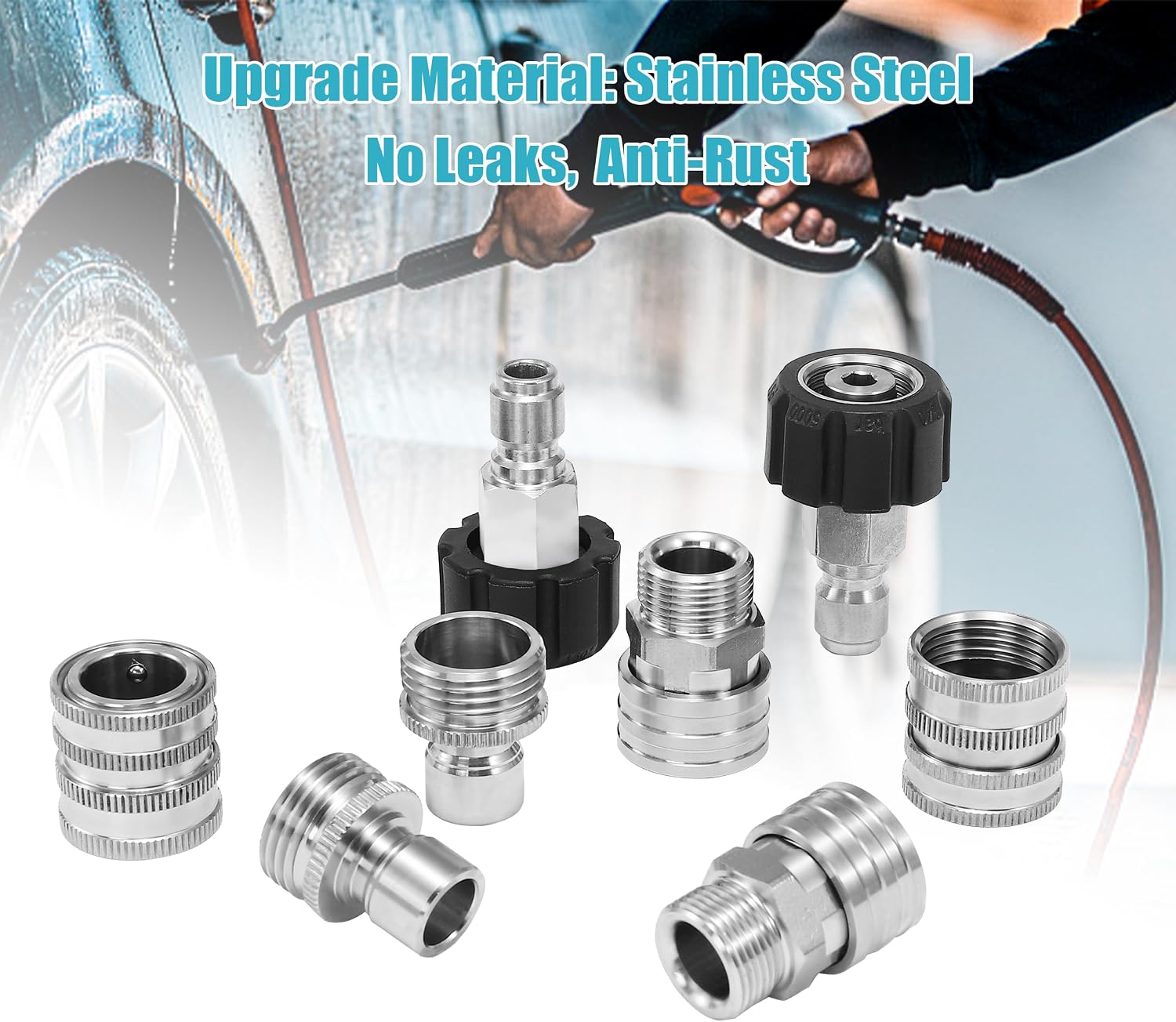 Tool Daily Pressure Washer Adapter Set, Stainless Steel Quick Connect Kit | M22 14mm to 3/8" Quick Disconnect Kit for