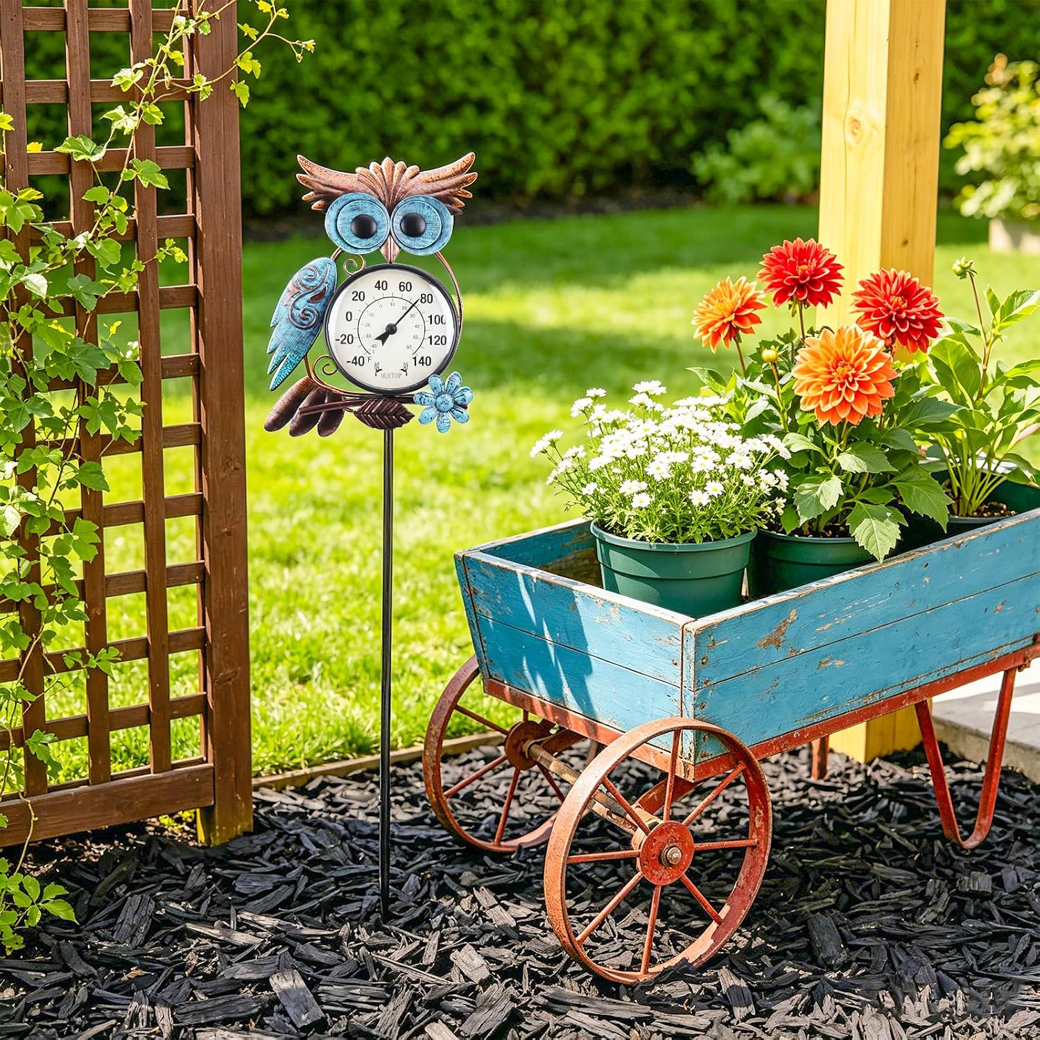 Outdoor Thermometer, Owl Outside Decor for Patio, Yard and Garden | No Battery Needed Garden Stake Wall Art Gifts Idea