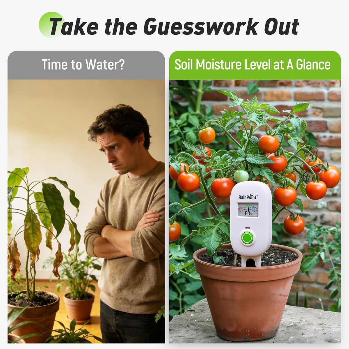 RAINPOINT Smart Soil Moisture Meter,Visual Gauge, Optional WiFi Hub for App | Leave-In Wireless Soil Moisture Sensor