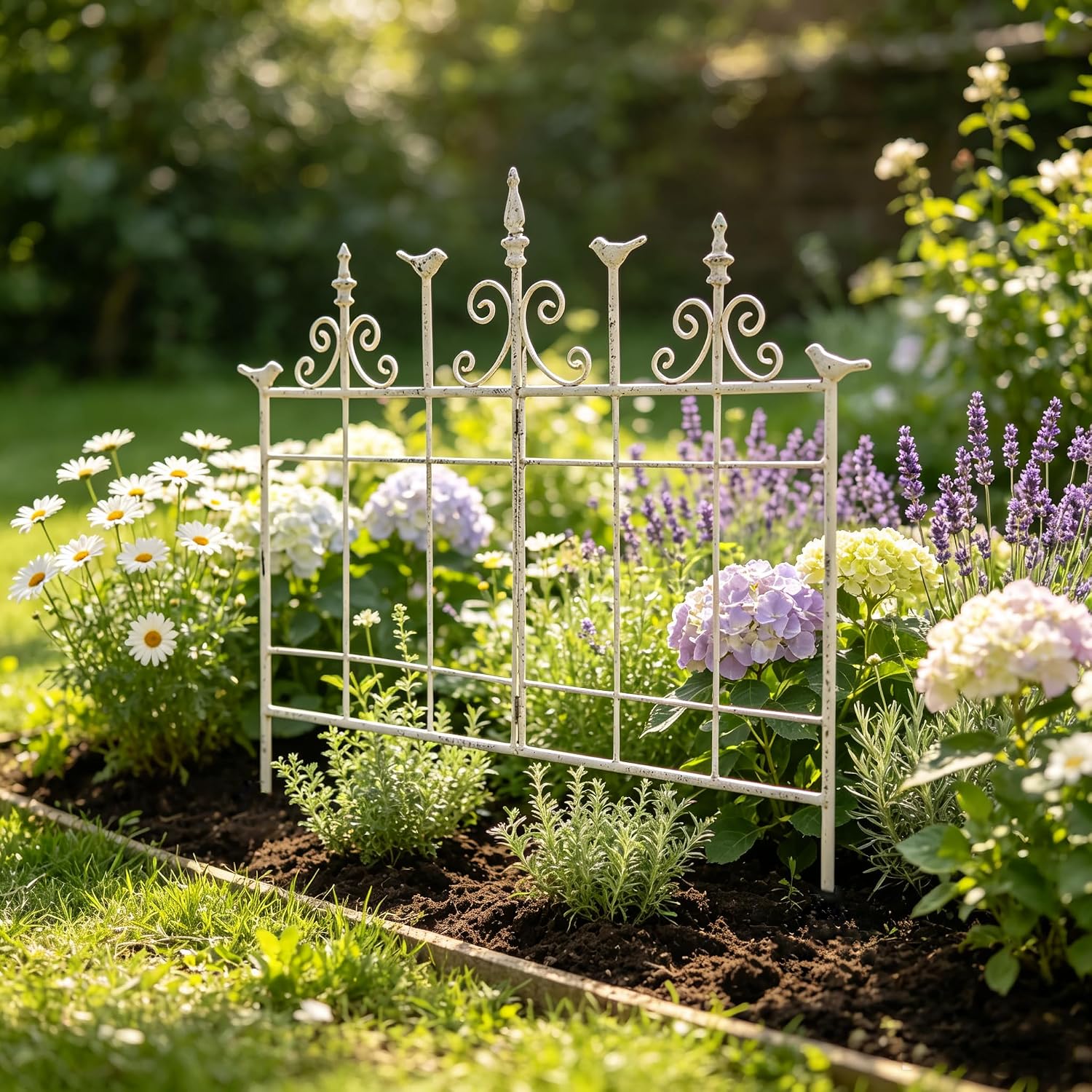 Vintage Distressed White Metal Garden Fence Panels, 25.6" W x 23.2" H Rustic Cast Iron Picket Fence, Outdoor Landscape