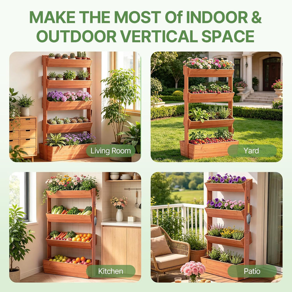 Suteck Raised Garden Bed, 4 Tier Vertical Wooden Planter Box | Freestanding Outdoor Planters for Vegetables, Flowers &