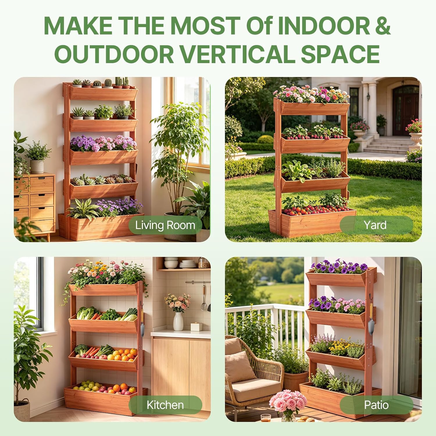 Suteck Raised Garden Bed, 4 Tier Vertical Wooden Planter Box | Freestanding Outdoor Planters for Vegetables, Flowers &