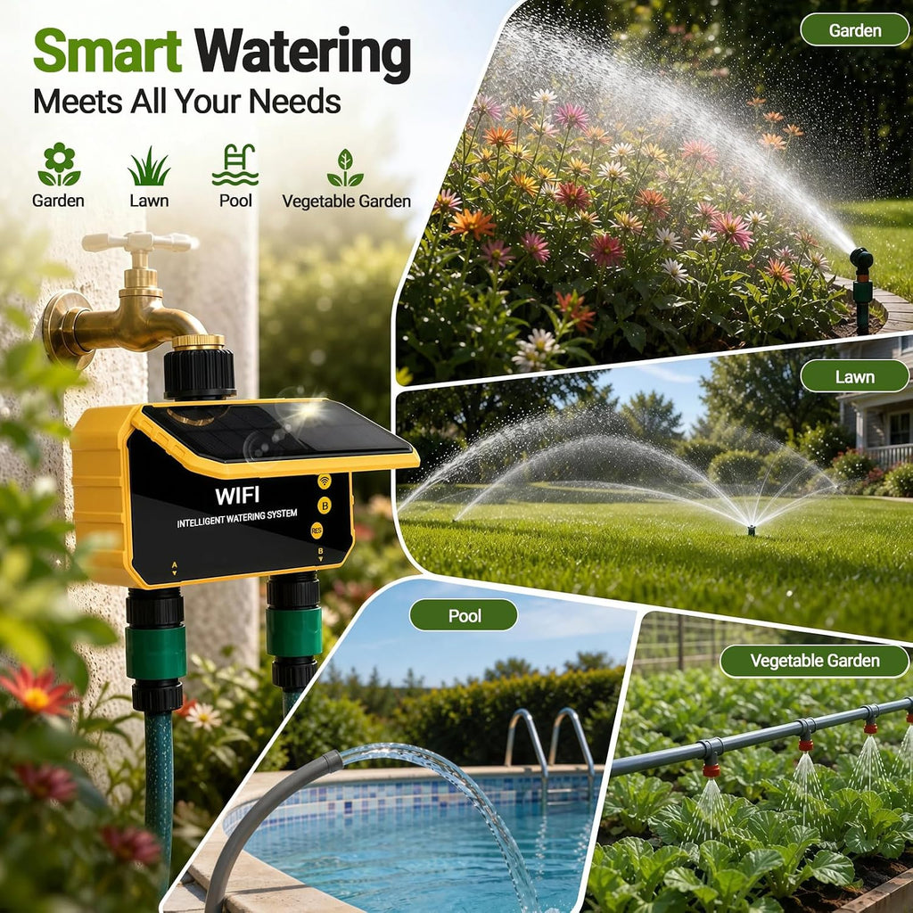 Sprinkler Timer, Solar WiFi Water Timer for Garden Hose, 2 Zone Water Sprinkler with Rain Sensor and Manual Mode via