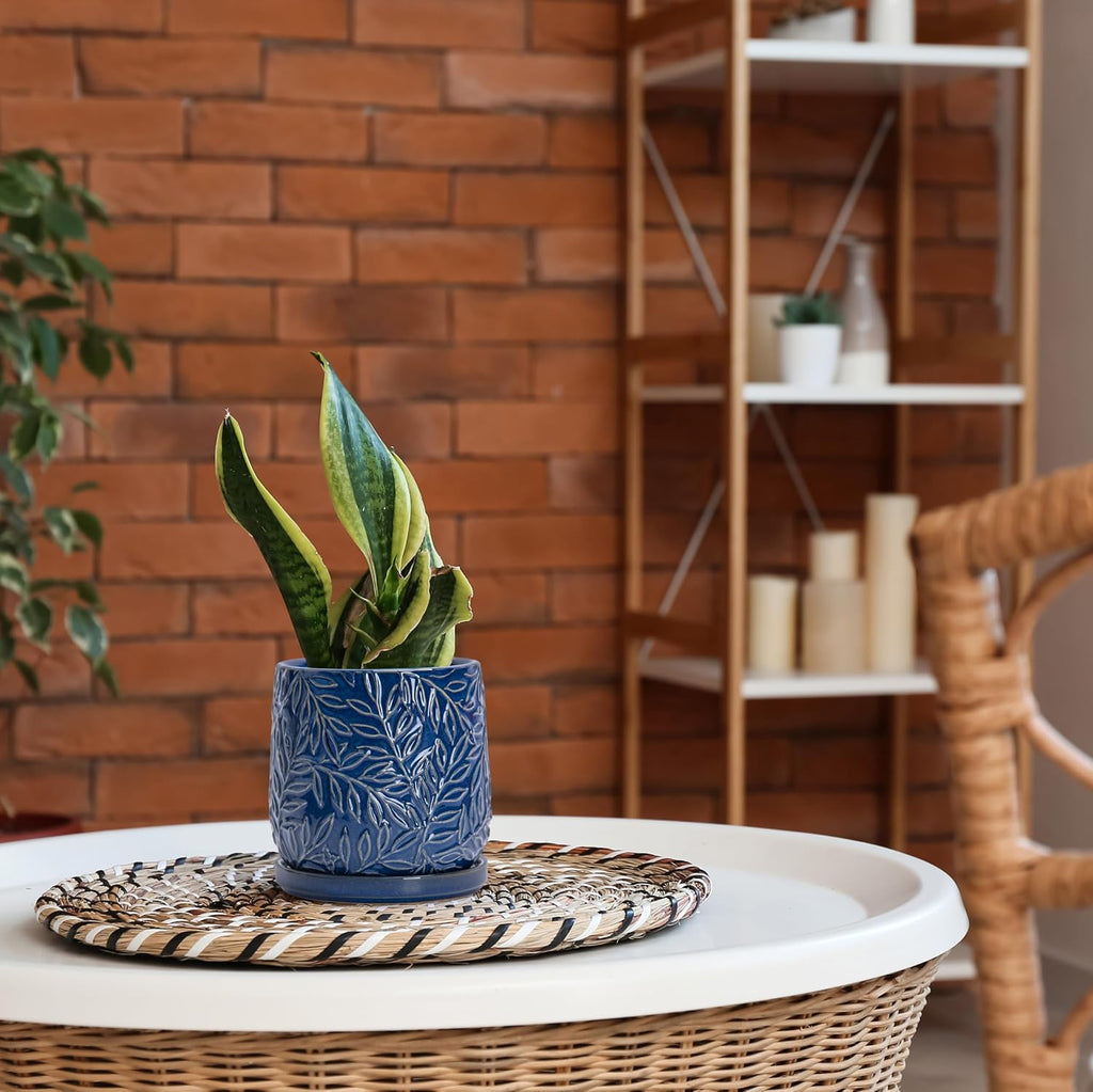 D'vine Dev Embossed Leaves Ceramic Planter, 6 in, Midnight Blue, 27-A-X-3 | Nature-Inspired Leaf Pattern, Handcrafted