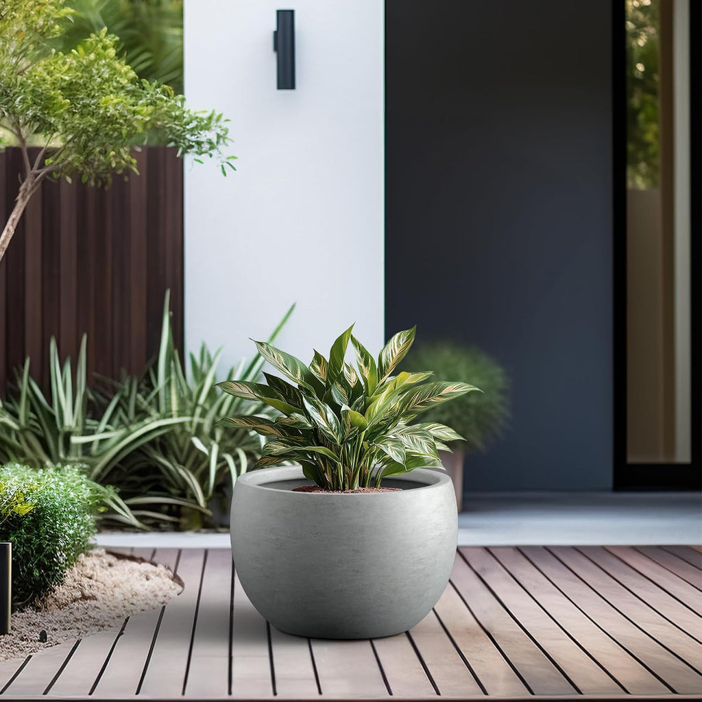 Kante Large Round Bowl Pale Gray Concrete Planter 20" Dia, Outdoor | Rubber Plug for Indoor, Drainage for Garden