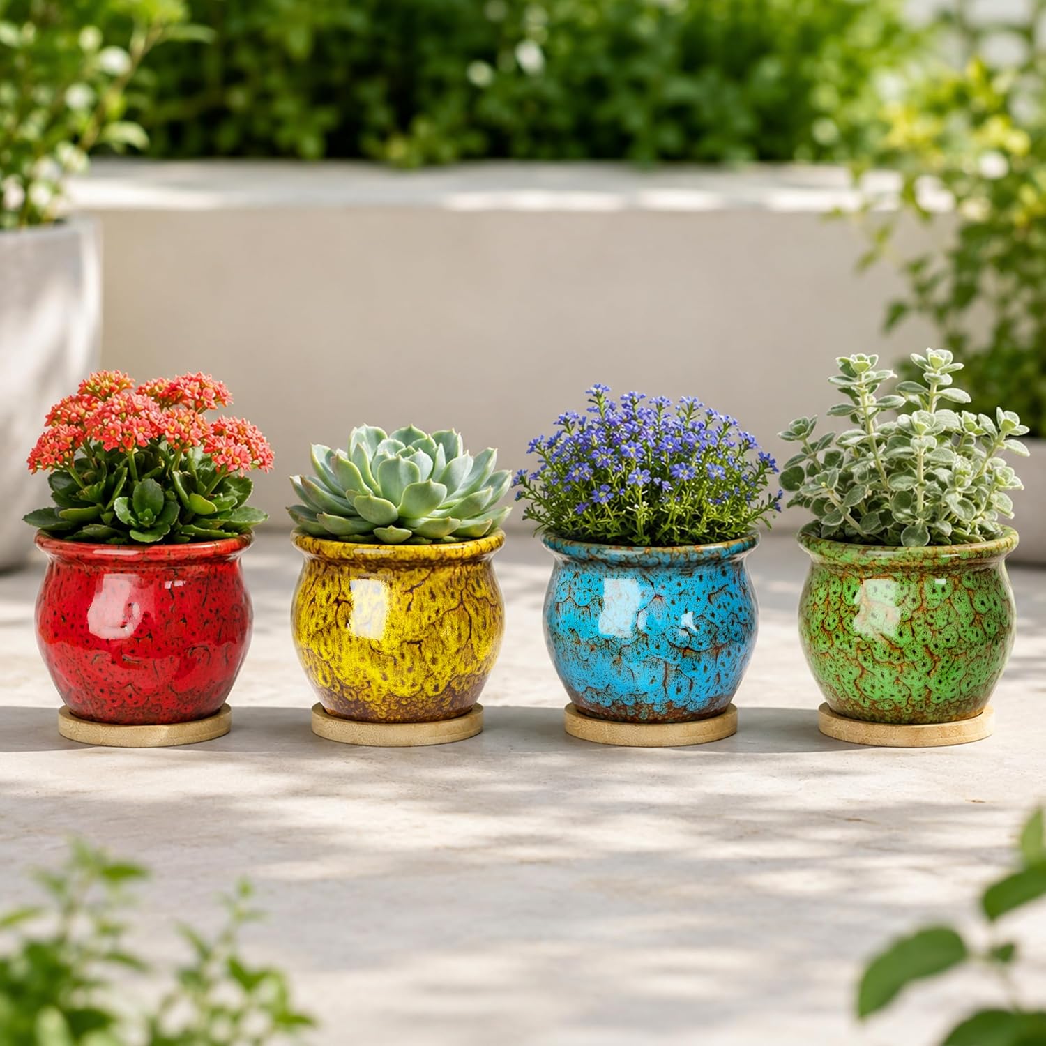 ARTKETTY Succulent Pots, 4.5'' Small Plant Pots with Drainage Tray | Glazed Flower Pots Set of 4, Ceramic Pots for