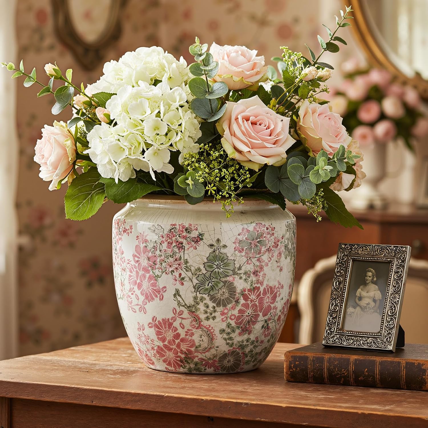 LemonRoad 7 Inch Large Vintage Ceramic Planter with Drainage Holes Ice Crackle Flower Vase Flower Pot with Farmhouse