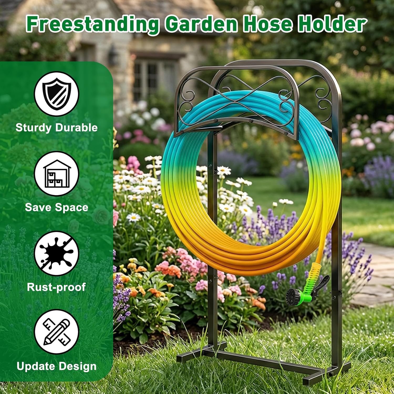 Gtongoko Garden Hose Holder for Outside 43" Heavy Duty Freestanding Water Hose Holder with 4 Stable Spikes Metal Hose