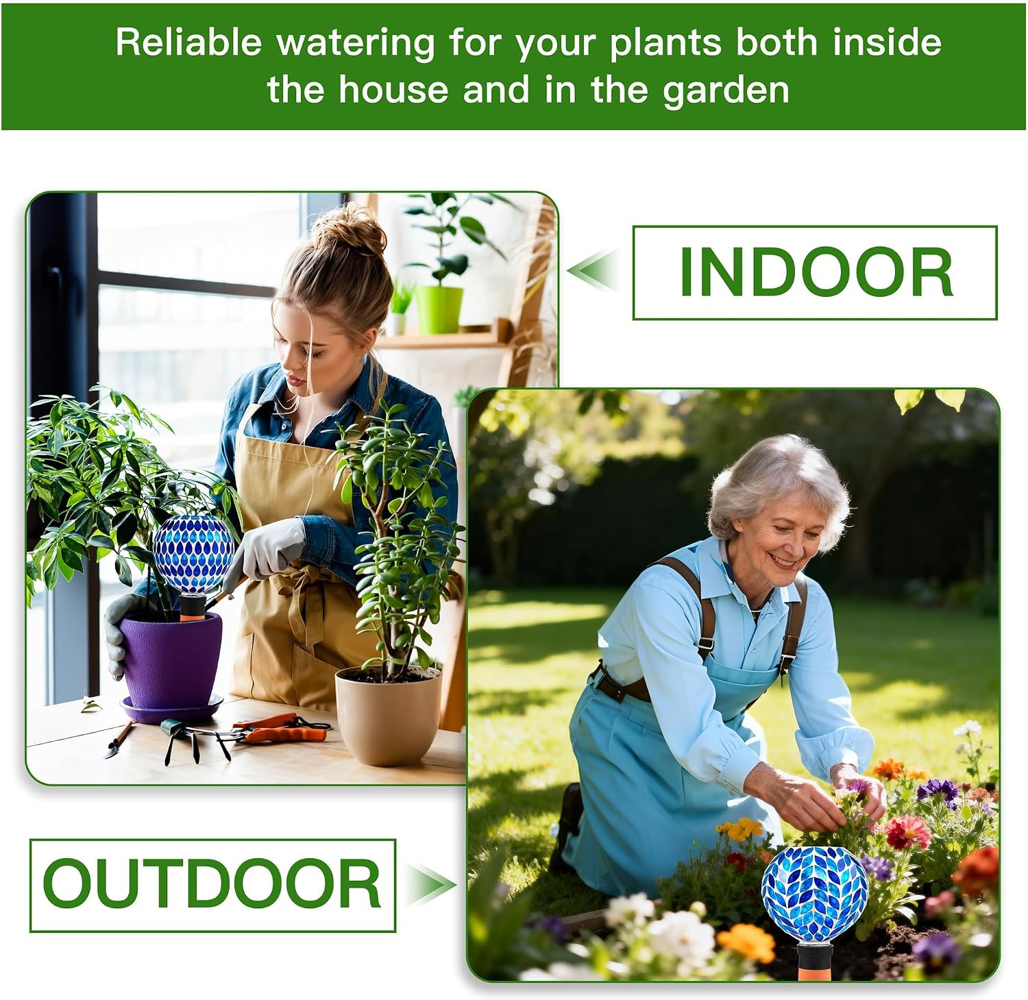 VOREEN Blue Mosaic Self Watering Globes 2 Pack, 500ml Handmade Glass Terracotta Plant Spikes, Automatic Self Watering