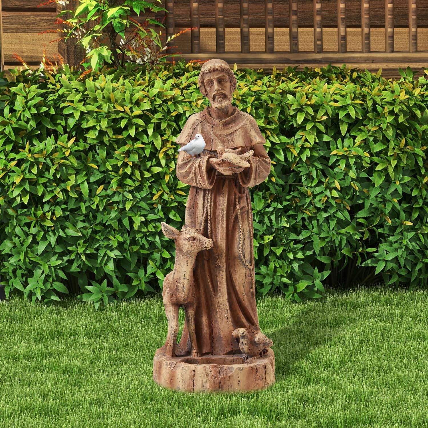 25" Saint Francis Statue with Bird Feeder, Outdoor Garden Decor | Hand Painted St. Francis with Animals Garden Statue