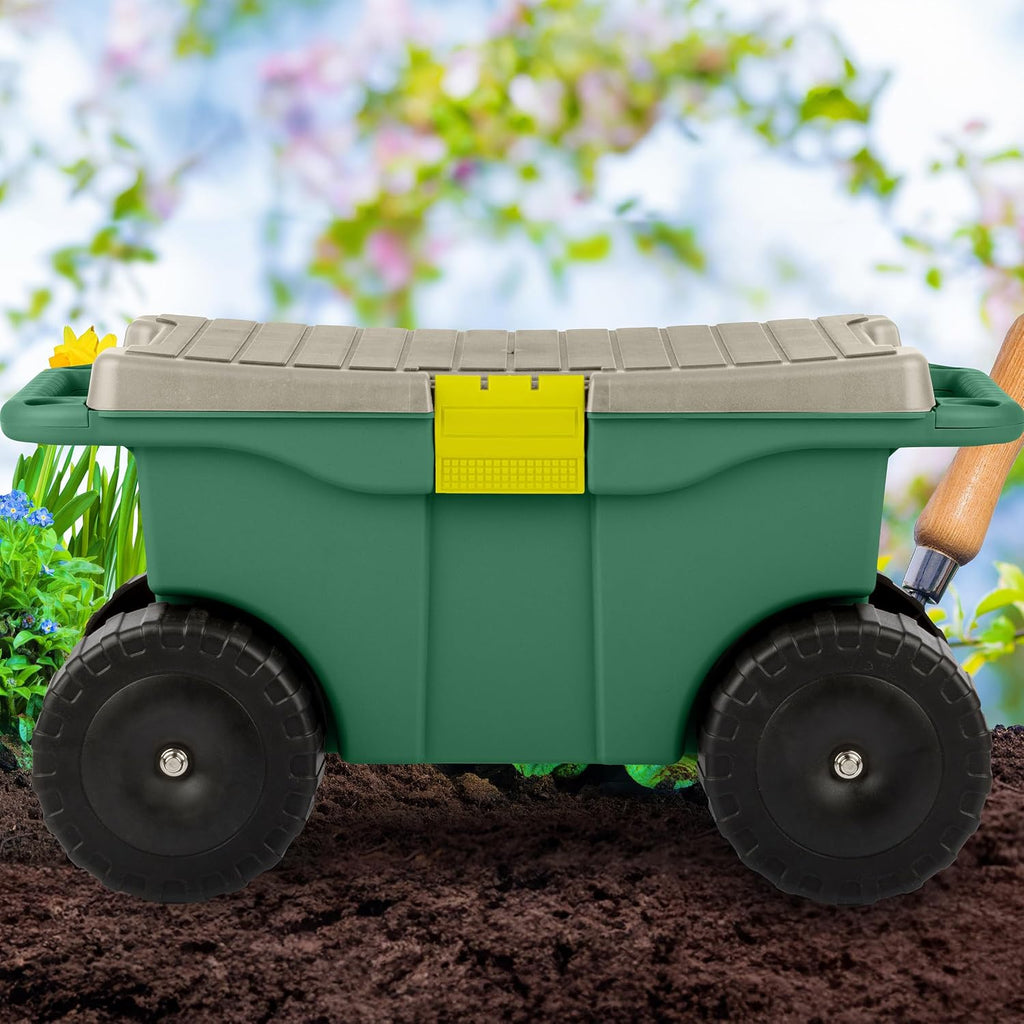 Rolling Garden Cart with Seat - Plastic Storage with Bench and Interior Tool Tray - Gardening Stool for Weeding and