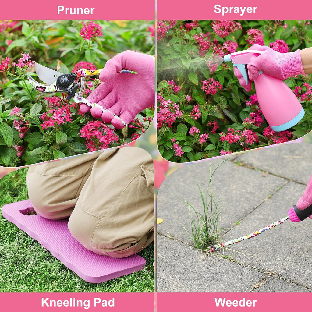 Housolution Gardening Tools Set, 10PCS Gardening Gifts for Women, Pink | Heavy Duty Garden Tools with Non-Slip Rubber