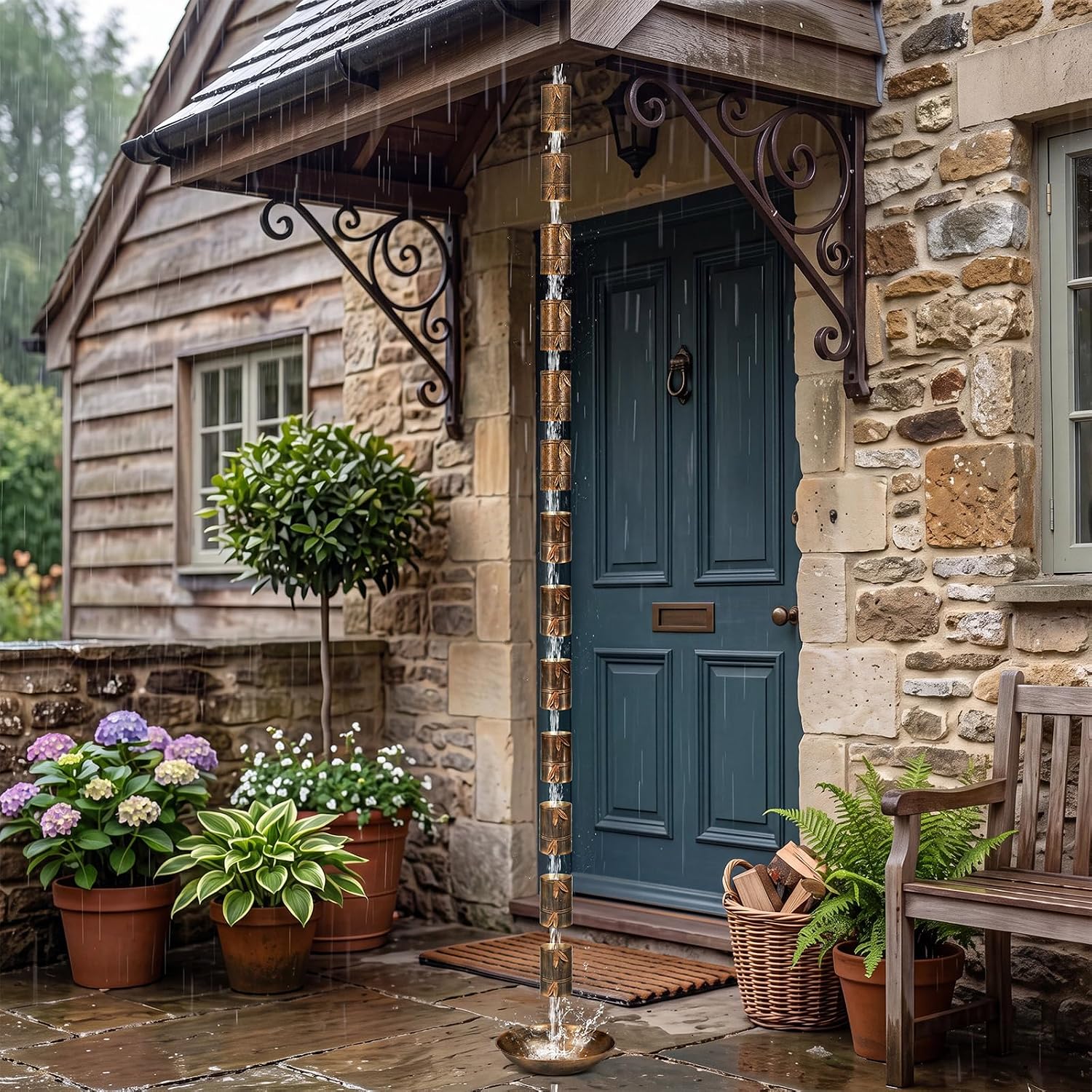 8.5ft Rain Chain for Gutters Outside Splash-Proof with Anchor Basin Copper Color Bamboo Sign 13 Cups Rain Chain Catcher
