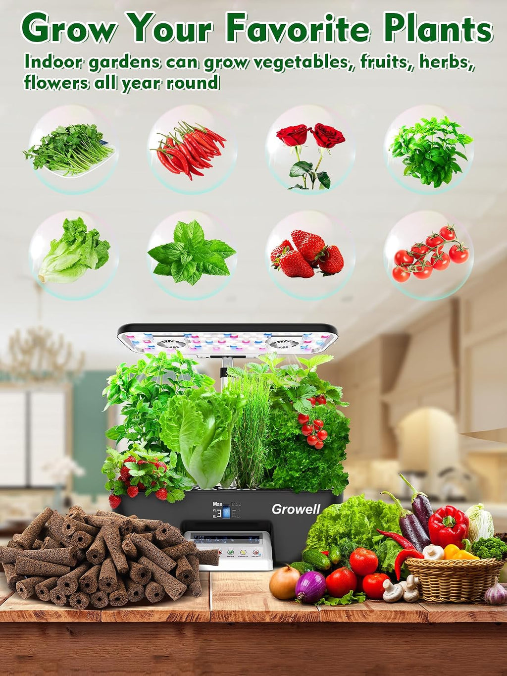 Growell Seed Pod Kit for Aerogarden, 182 Pcs Grow Anything Kit | 60 Grow Sponges, 30 Grow Baskets, Plant Food A&B, 30