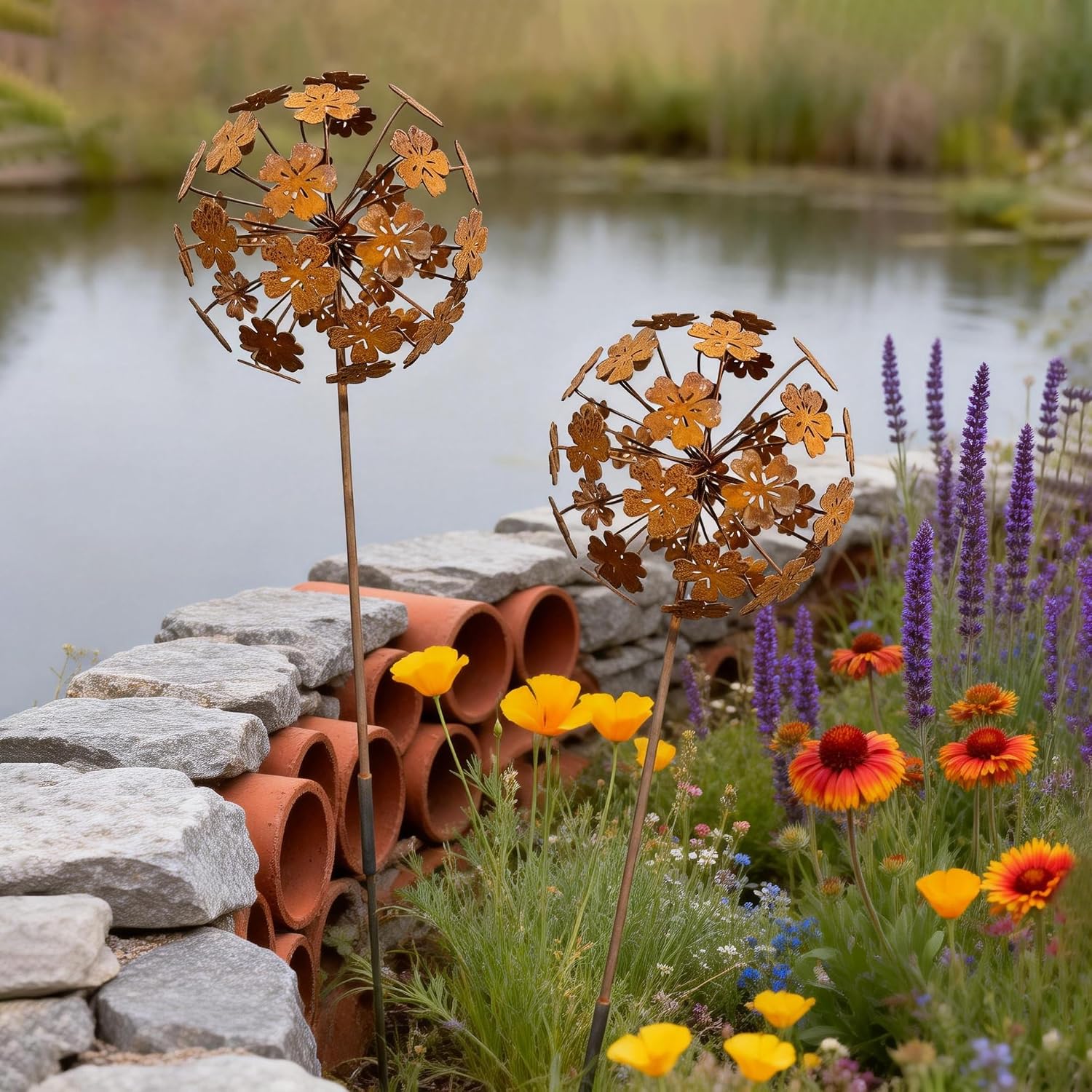 Rustic Dandelion Garden Stakes 2 Pack, 3D Rusty Metal Flowers Sculpture | Decorative Garden Stake, Outdoor Yard Art