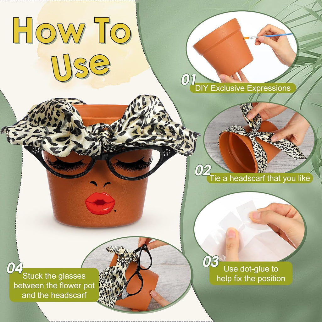 Sliner 6 Set Cute Face Flower Pot Planter Funny Plant Pots Painting Kit Include Glasses Silk Scarf Acrylic Paint