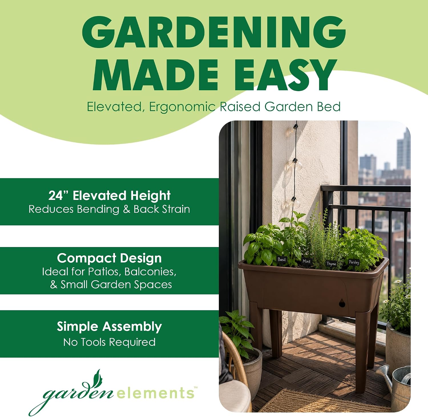 Garden Elements Brown Elevated Raised Garden Bed, 29.5" x 15" - Self-Watering Planter Box with Ventilated Grow Dome for