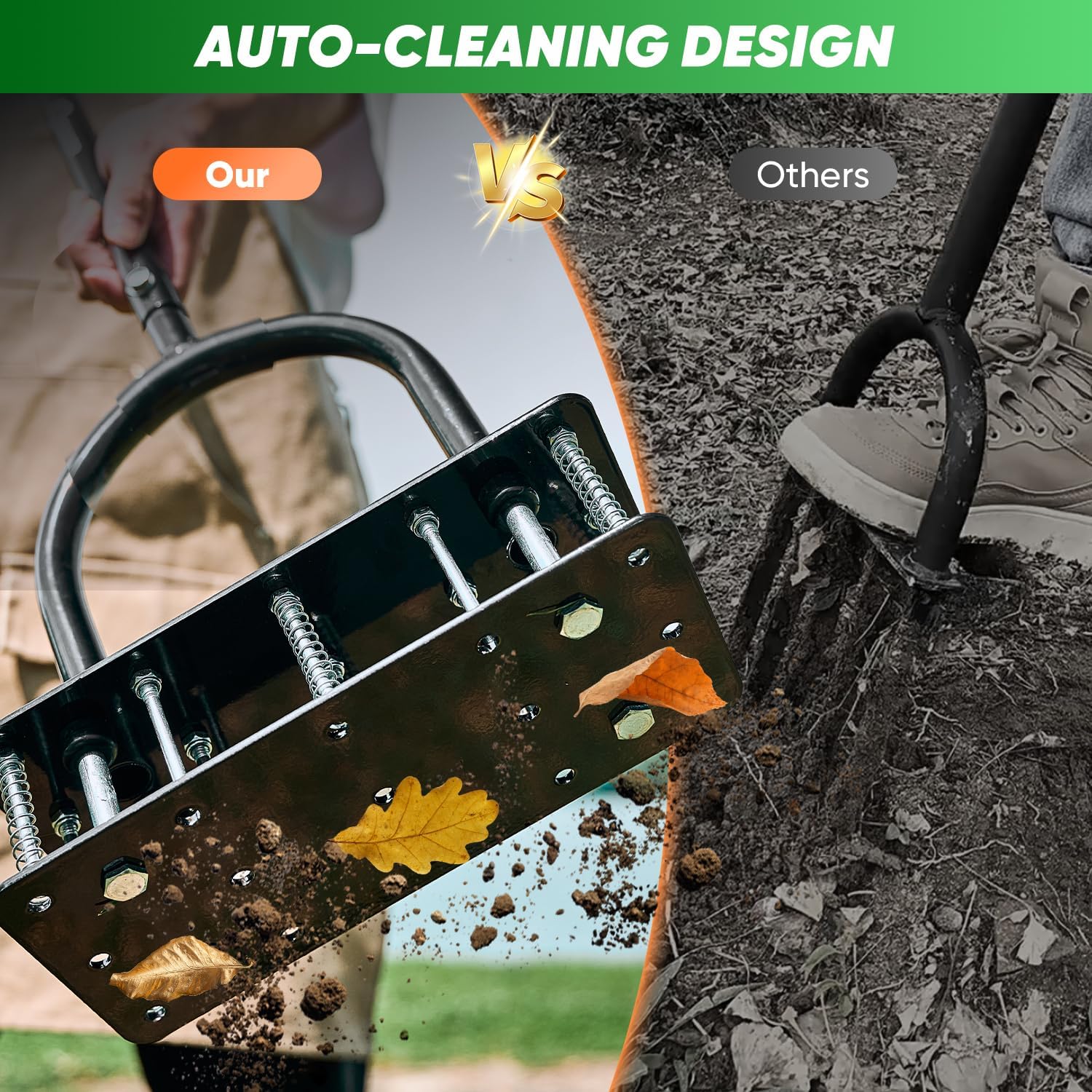 Saker Manual Lawn Aerator Tool with 15 Iron Spikes Black | Double-Layer Soil-Ejecting Spring, Adjustable