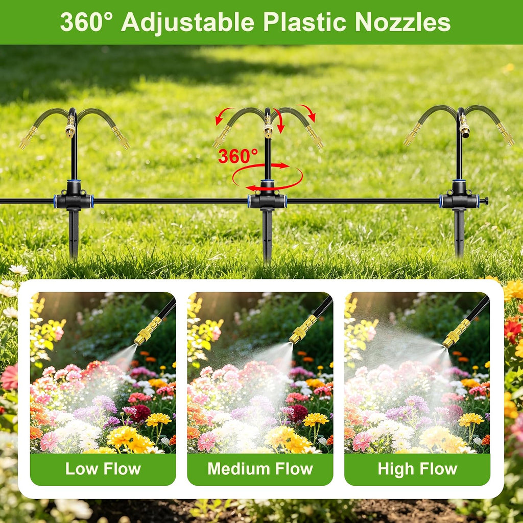 Thiswing 100 FT 360° Adjustable Irrigation System with Stake Holders | 1/4" Tubing, 16 Nozzles, Automatic Watering