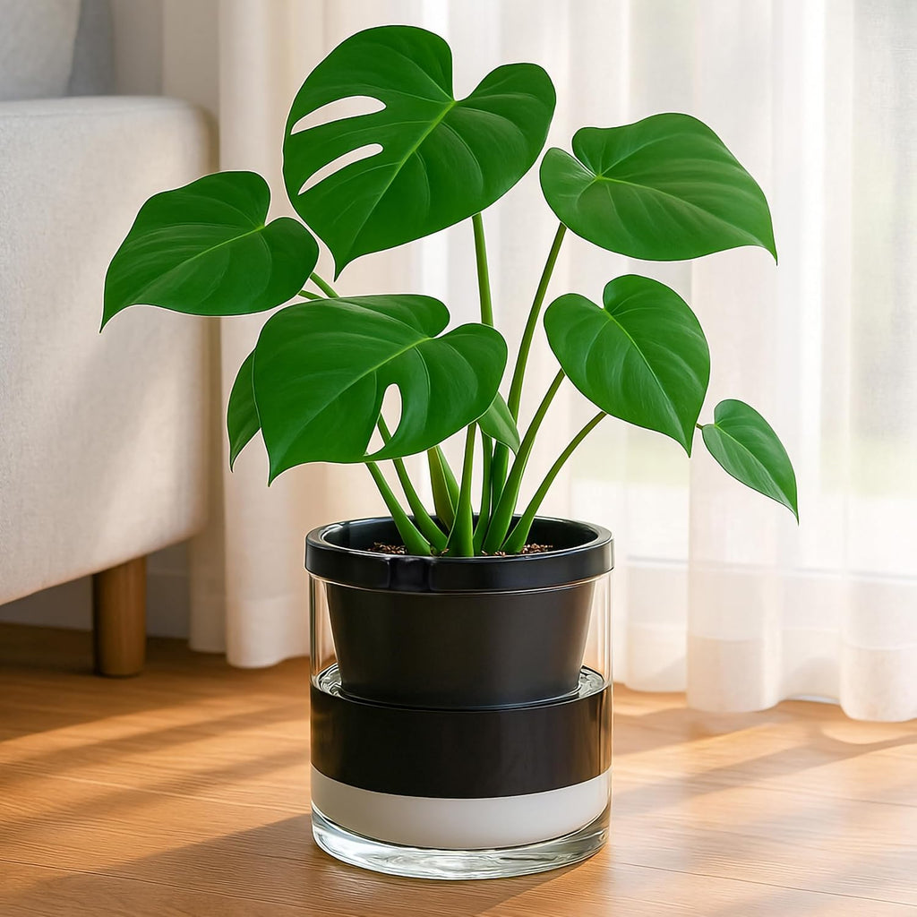 D'vine Dev Self-Watering Black Terracotta Planter Pot, 8 in, 37-X-C-3 | Terracotta & Glass Design, Clear Water