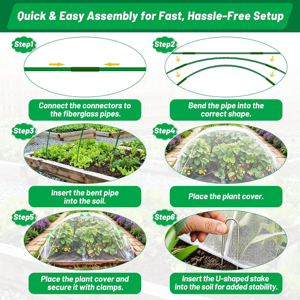 Tetutor Garden Mesh Netting Kit,7 Sets Wide Garden Hoops with 10x30 ft Garden Covers Bird Netting& 12 Clips, Garden