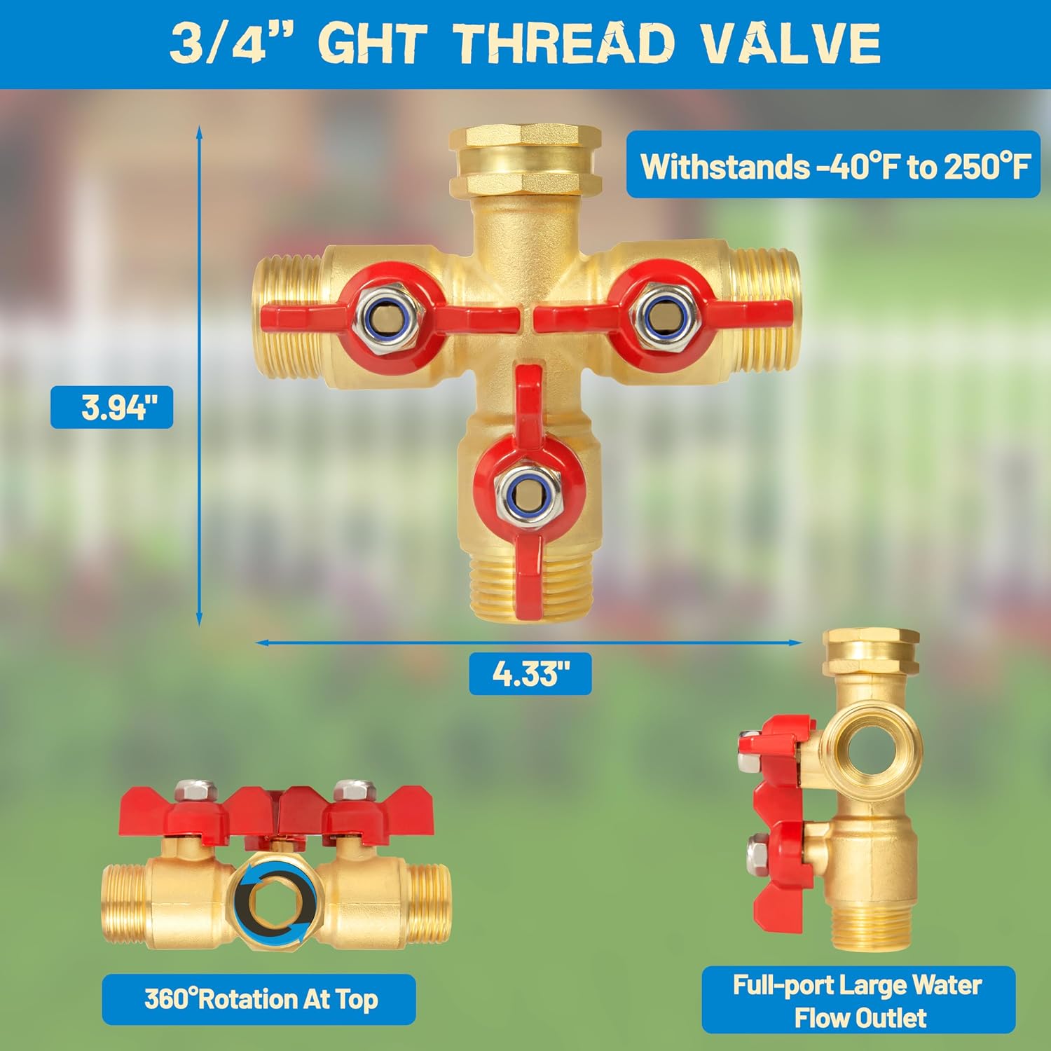 Full Flow 3 Way Hose Splitter, Solid Brass Garden Hose Splitter Valve with Metal Handle, Heavy Duty High Flow Spigot